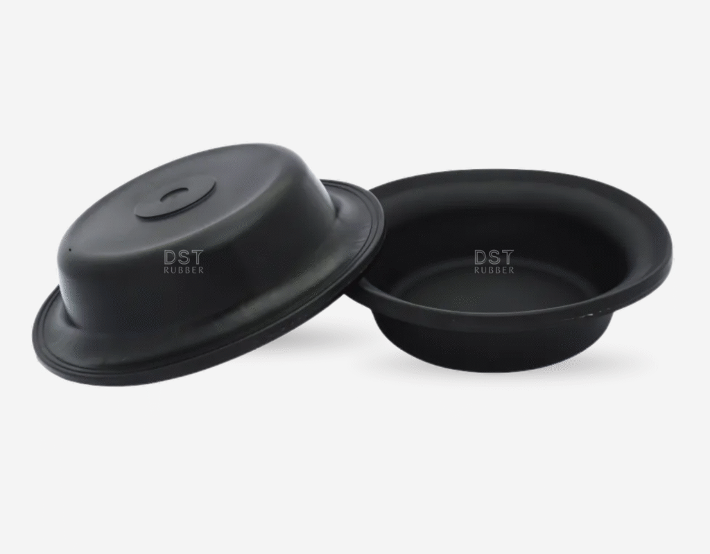 Industrial rubber diaphragm by DST Rubbers, designed for precision fluid control in pumps or valves. The product features the brand name 'DST RUBBER' prominently.